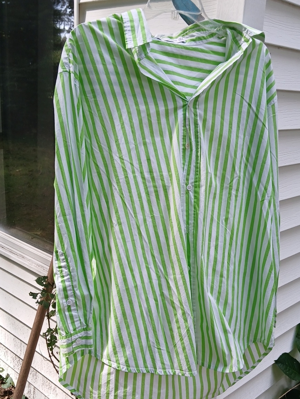 Faithfull the Brand Lime Green and White Striped Oversize Button-Down Shirt